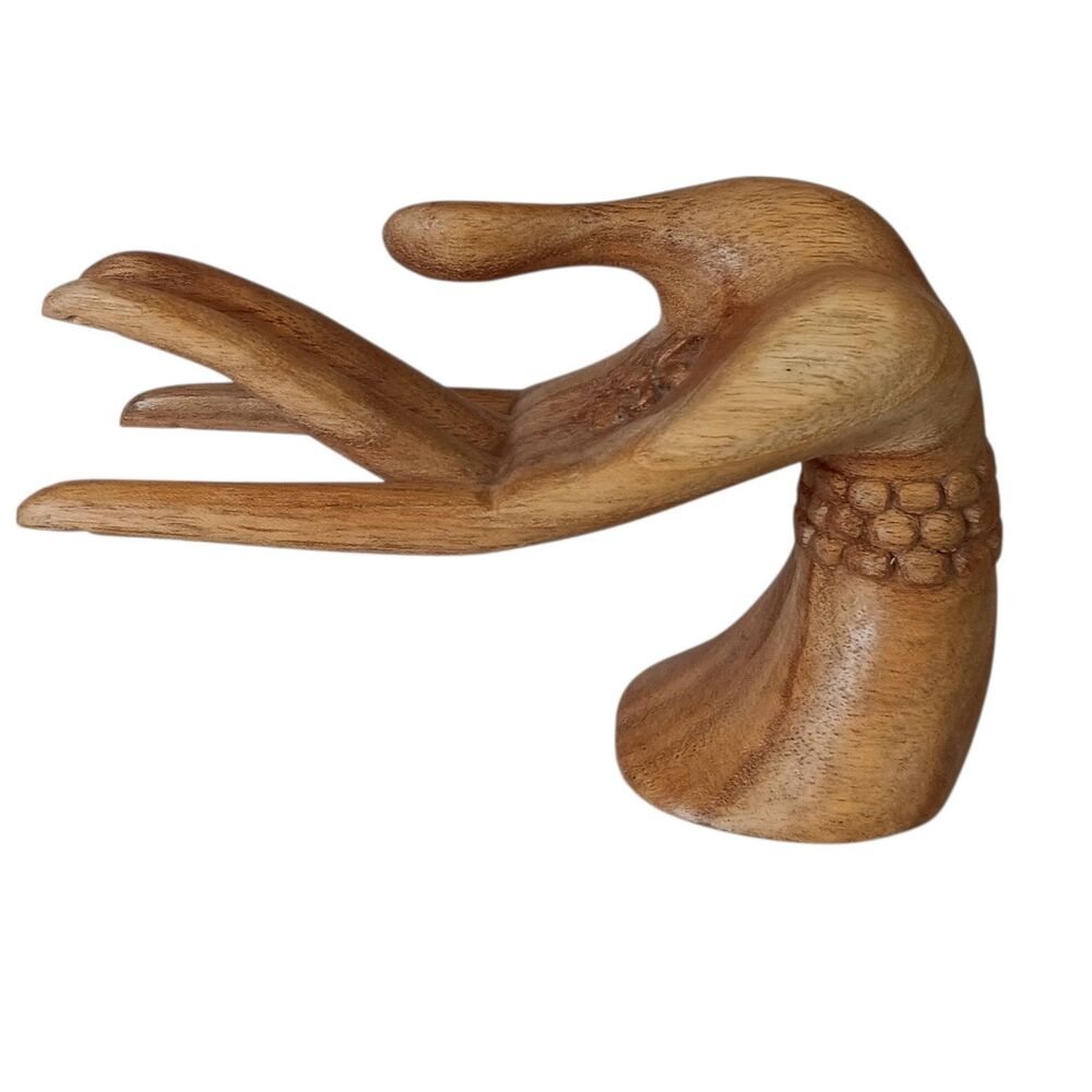 Carved Wood Hand Flower & Bead Detail Light Brown Made In Indonesia 4" x 6.5"